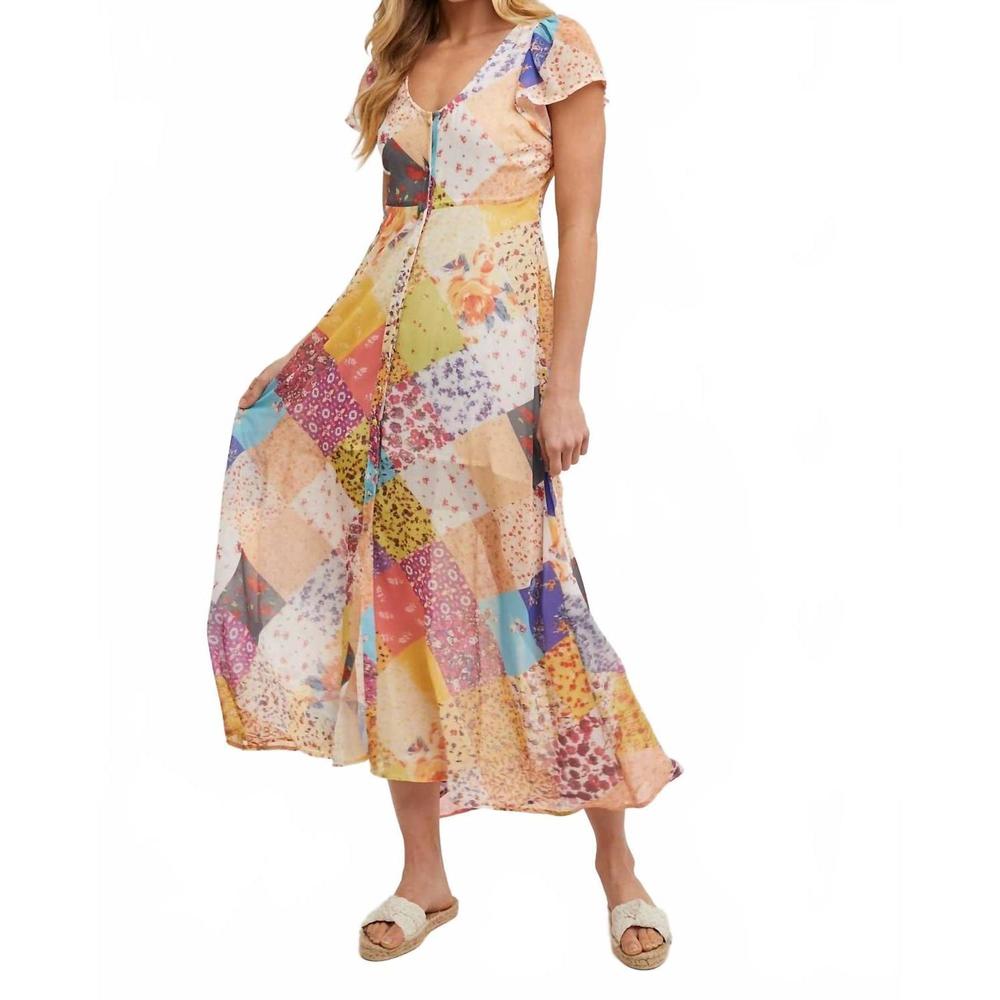 NEW BLUIVY pastel quilt printed button down maxi dress in vanilla/gold
